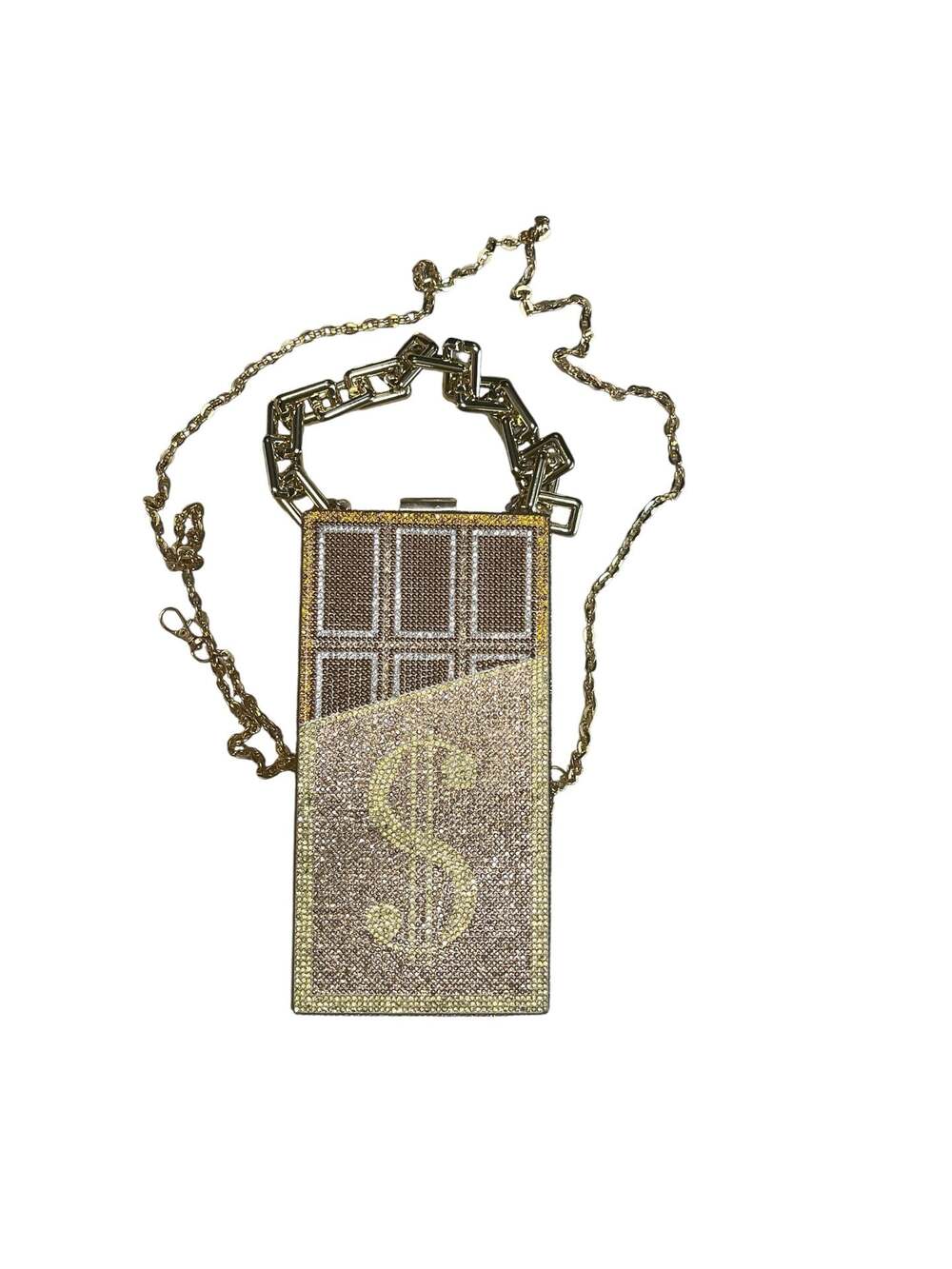Chocolate Bar Dollar Sign Rhinestone Crystal Clutch Bag with Chunky Chain Handle